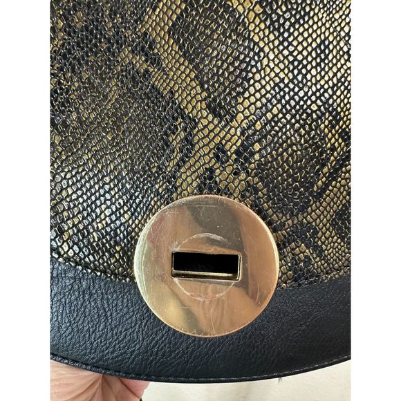 Neiman Marcus Crossbody Black and Gold Embossed Snakeskin Design Saddlebag Purse - Picture 5 of 8